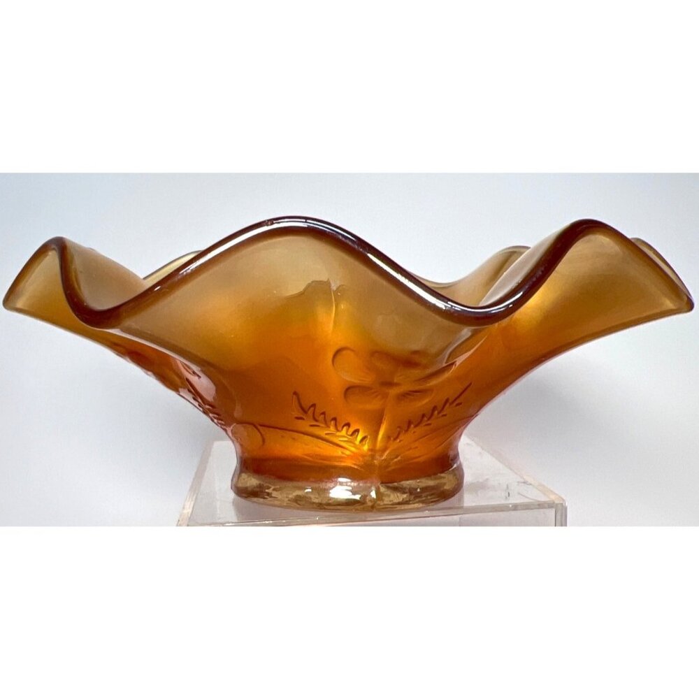 Antique Northwood 7" Marigold Ruffled Carnival Glass Iridescent Sunflower Bowl